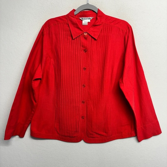 Winter Silks Cotton Linen Button Down Pleated Jacket Shirt L Red Collared - Picture 1 of 6